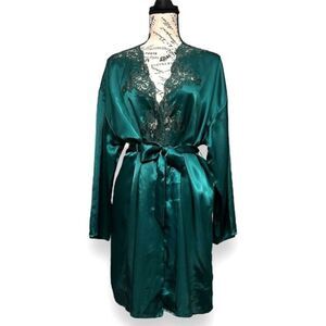 Victoria’s Secret OS Satin Kimono Robe Emerald Green Lace Trim Gold Label VTG